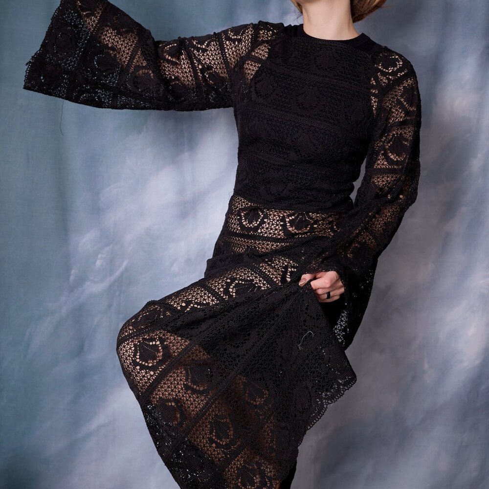 Amazing 70's Vintage Cotton Lace Maxi Dress in Black - Picture 4 of 7